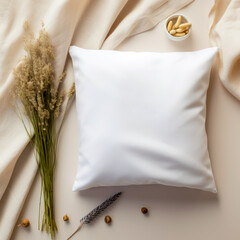 Blank white square cotton pillow on neutral background with plants, mockup.