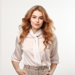 The portrait of an attractive business woman in a white shirt blouse and kaki brown pants with curly healthy blond or hazelnut brown hair while putting hands in pants pockets. Generative AI.