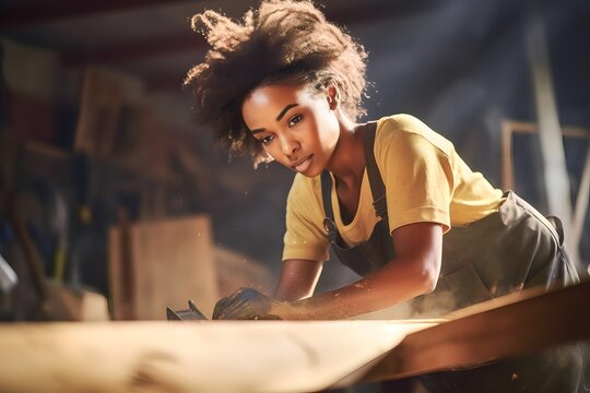 Young african woman carpenter working in woodworking workshop