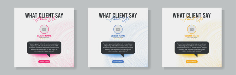 Modern client testimonials social media post design set. Customer service feedback review social media post template.