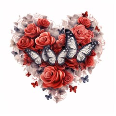 Heart, roses, butterflies, heart and flying butterflies, romantic theme, valentines card, love and joy, generative ai