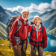 Happy retired couple traveling in the mountains in autumn.