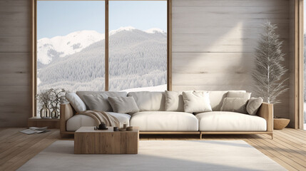 minimalistic modern living room with sofa wood floors and snow outside window