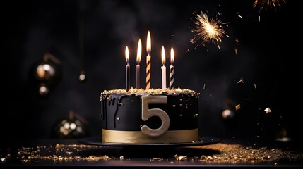Black and golden cake with number 5 on a table decorated for a party celebration