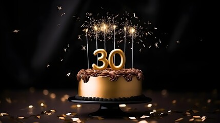 Black and golden cake with number 30 on a table decorated for a party celebration