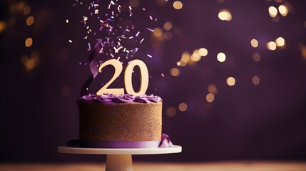 Purple and golden cake with number 20 on a table decorated for a party celebration