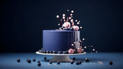 Festive cake with blueberries and blue flowers on a table decorated for a party celebration