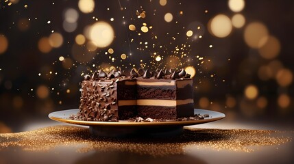 Chocolate cake with golden confetti on a table decorated for a party celebration