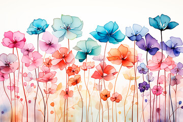 Water color and ink sketch of floral pattern, colorful flowers, simplistic, white vignette, white background.