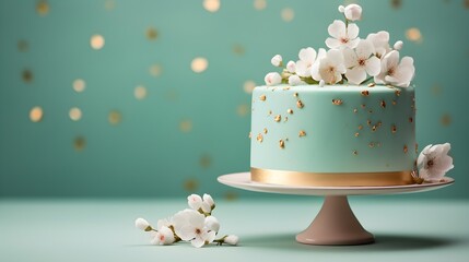 Festive pastel turquoise cake with spring apple tree flowers on a table decorated for a party...
