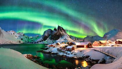 wonderful winter scenery popular touristic destination reine colorful night scene with green...