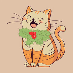 vector single illustration of a cheerful festive cat with a New Year's Christmas poinsettia plant and berries