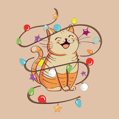 vector single illustration of a cheerful festive cat with Christmas shining garlands