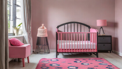 simple pink baby bedroom with cot and rug