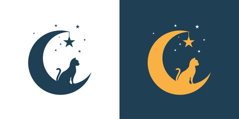 logo design silhouette of a cat sitting on a crescent moon with star decoration in a simple flat style design with a peaceful feel