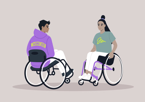 Two individuals in wheelchairs engage in a casual conversation, sharing moments in their everyday routine with ease and camaraderie