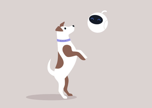 A playful Jack Russell terrier interacts gleefully with a charming robot, showcasing a futuristic approach to pet care and companionship