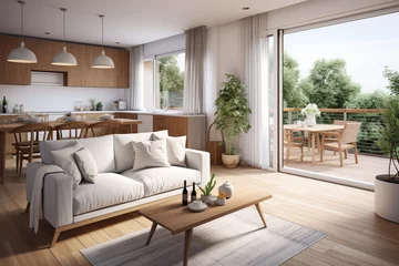 Foto auf Acrylglas Antireflex The landscape view of a cozy white and warm wood living room with a comfort sofa set and other wood furniture at a resident place with natural light. Generative AI. © Surachetsh
