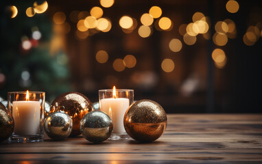 stół z ozdobami świątecznymi, karta na życzenia bożonarodzeniowe, nory rok