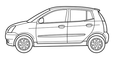 Outline drawing of a hatchback car from front 3d view. Classic style. Vector outline doodle illustration. Design for print or color book