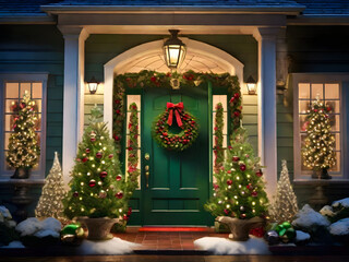 Merry Christmas decoration at the entrance door of the house, Christmas wreath and traditional tree and led lights decoration.