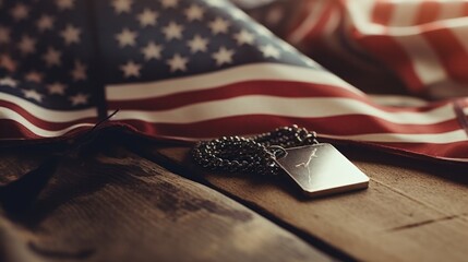 American Flag and Soldier's Dog Tags on Wooden Background for Veterans Day Celebration - obrazy, fototapety, plakaty