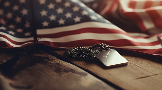 American Flag and Soldier's Dog Tags on Wooden Background for Veterans Day Celebration
