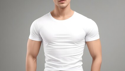 White T-Shirt Mockup on Male Model. Blank White T Shirt for Mockup on Muscular Guy Model. White Round Neck Tee Design Template on Male Model.