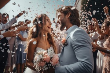 Romantic Wedding Tradition: Happy Groom and Bride Celebrating with Rose Petals Shower