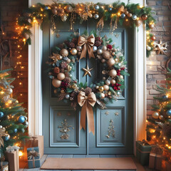 Merry Christmas decoration at the entrance door of the house, Christmas wreath and traditional tree christmas gifts decoration.