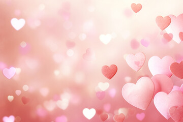 The romantic abstract wallpaper of many transparent pink heart shapes and hearts and round bokeh...