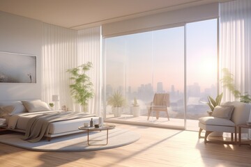 Fototapeta premium Energy-Efficient Smart Home: Automated Morning Opening of Blinds and Curtains for a Fresh Start