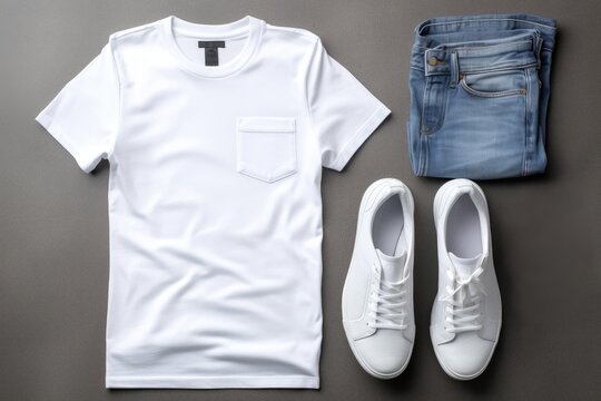 Timeless Style in Still Life Image: Essential White T-Shirt, Jeans, and Minimalist Accessories