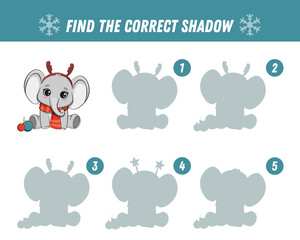 Find correct shadow of cute elephant. Educational logical game for kids. Christmas game. Cartoon elephant cub. Vector illustration