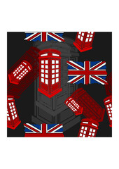 Editable Dark Background Three-Quarter View English Telephone Booth Vector Illustration with Union Jack Flag in Flat Style as Seamless Pattern for England Culture Tradition and History