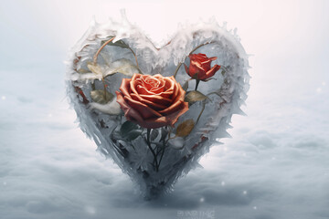 Roses grow from inside heart-shaped ice, a symbol of love on Valentine's Day. It means that even a cold heart can succumb to love.