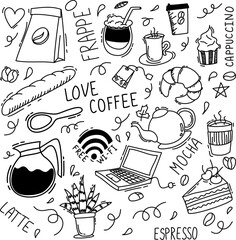 Hand drawn doodle Coffee time icon set Vector illustration isolated drink symbols collection Cartoon various beverage element: mug, cup, espresso, americano, irish, decaf, mocha, coffee making machine