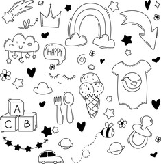 cute hand drawn doodle vector set, love, Natural , firework, cloud, weather, rainbow, snow, heart and creative design vector collection.