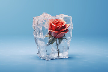 Roses grow from inside heart-shaped ice, a symbol of love on Valentine's Day. It means that even a cold heart can succumb to love.