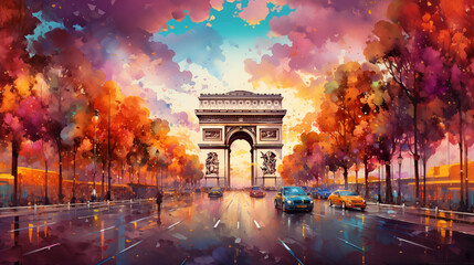 Paris Franse Watercolor Art Print | Franse Poster | Cityscape Wall Art | Art Decor | Arc de Triomphe - obrazy, fototapety, plakaty