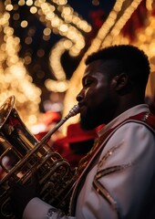 Solo trumpet player in a sequined jacket leading a band through a bustling Carnival scene