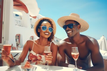 Happy african young couple eating and drinking in Santorini