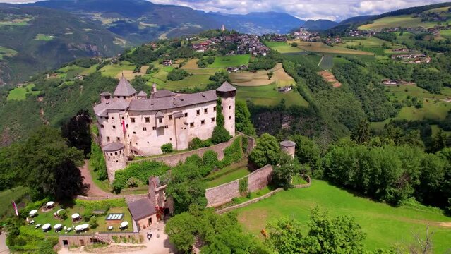 Beautiful medieval castles of northern Italy ,Alto Adige South Tyrol region. Presule castel, aerial drone high angle view

