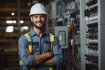 Professional Electrician Inspecting Electrical Panel in Industrial Setting - obrazy, fototapety, plakaty