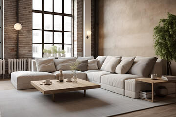 A white sofa in a modern bright living room in aesthetic minimalist high-end studio apartment, with scandinavian loft home interior decoration and furniture  - Generated AI