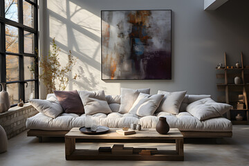 A white sofa in a modern bright living room in aesthetic minimalist high-end studio apartment, with scandinavian loft home interior decoration and furniture  - Generated AI