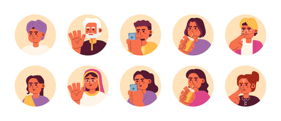 Fototapeta premium Adults south asians 2D vector avatars illustration bundle. Saree indians female, hindu male cartoon character faces collection. Modern day people flat color user profiles images isolated on white