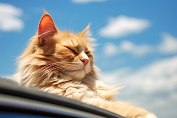 Happy cat looks out of the car window. Traveling with a pet.