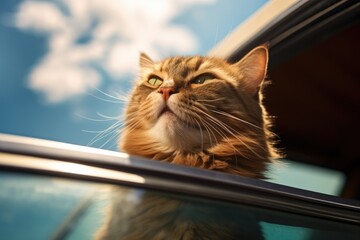 Happy cat looks out of the car window. Traveling with a pet.