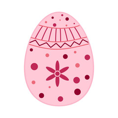 Vector easter egg flat design isolated on white background. Pink decorative egg. Spring holiday. Happy easter. Beautiful pink texture or ornament. Colored decorative element. Vector illustration